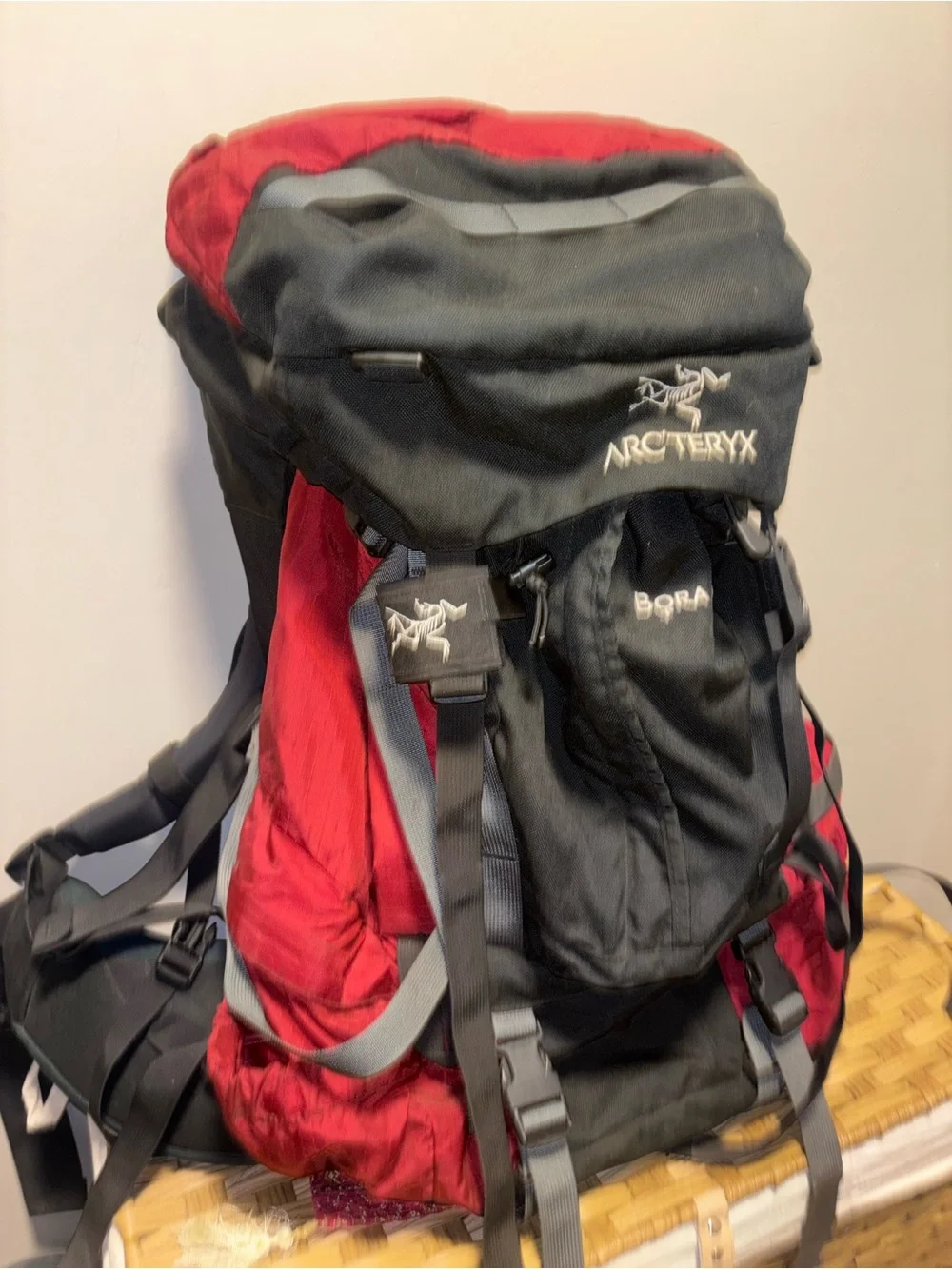 Arc'teryx Black and Red Bora 62 Backpack